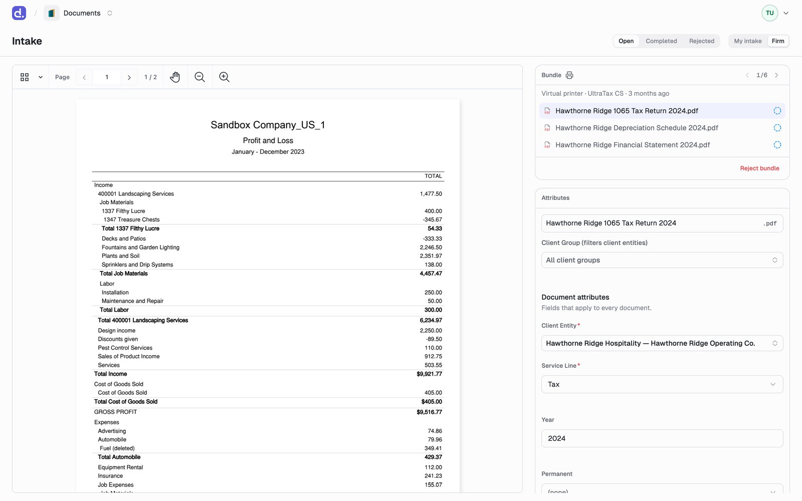 The Intake page on the Firm tab showing a virtual printer bundle of three UltraTax documents with an attributes card for the selected document.