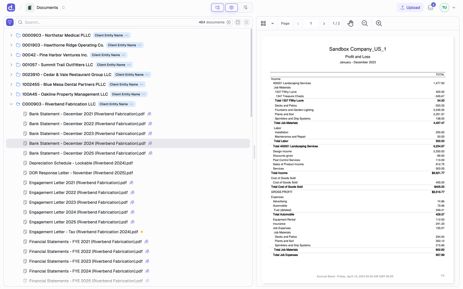 The documents list with a client group expanded and a bank statement previewed in the pane on the right.