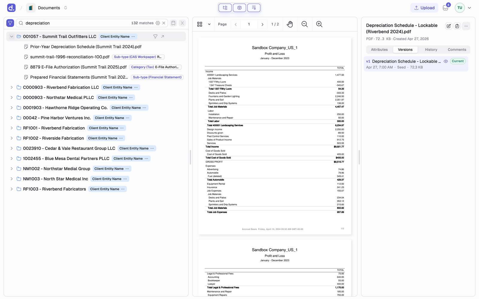 The documents list searching for depreciation, showing 132 matches with client groups ranked by relevance and pills showing which attribute matched.