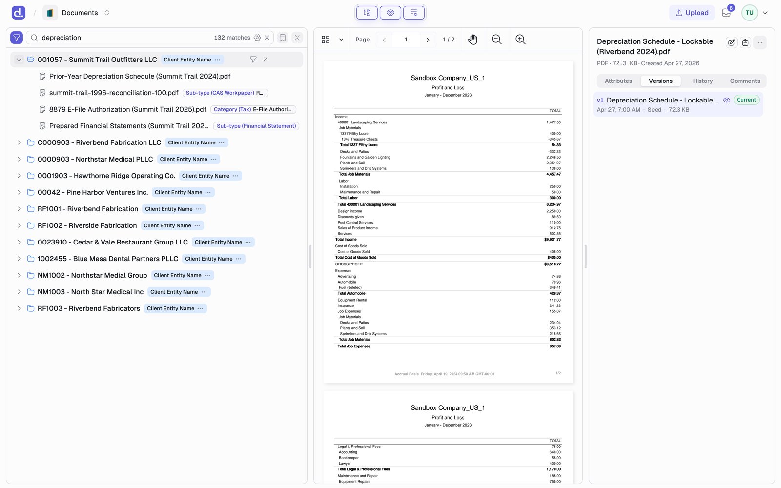 The documents list searching for depreciation, showing 132 matches with client groups ranked by relevance and pills showing which attribute matched.