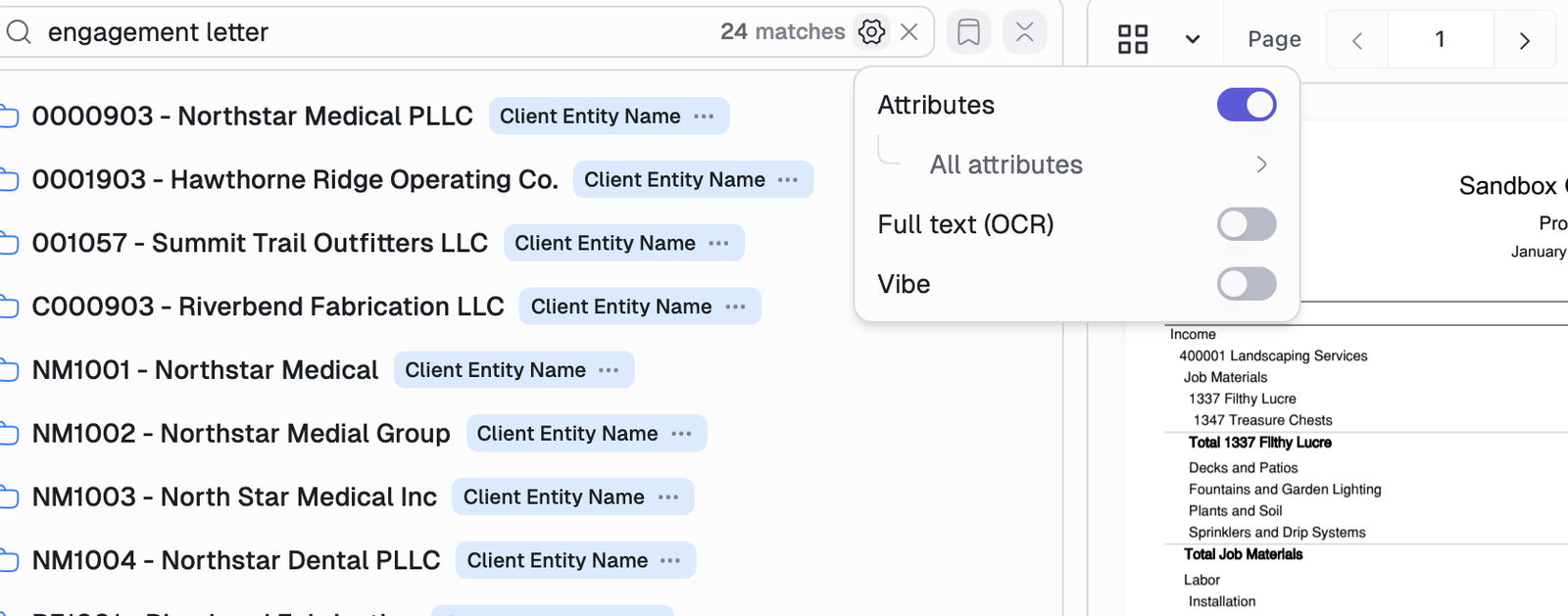 The search settings menu with Attributes, All attributes, Full text (OCR), and Vibe options.