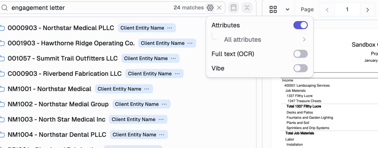 The search settings menu with Attributes, All attributes, Full text (OCR), and Vibe options.