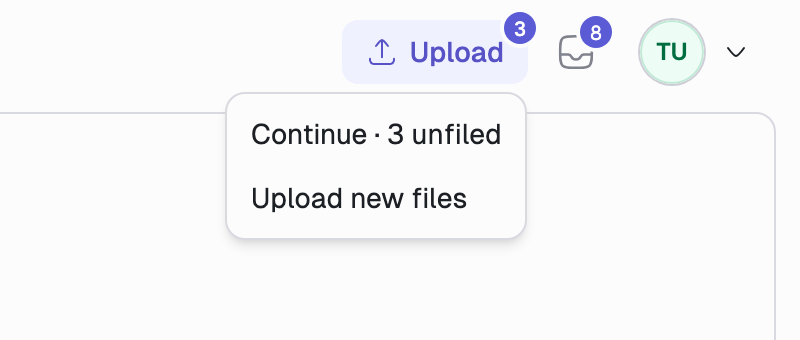 The documents header showing the Upload button with a badge of 3 and the Intake inbox icon with a badge of 8.