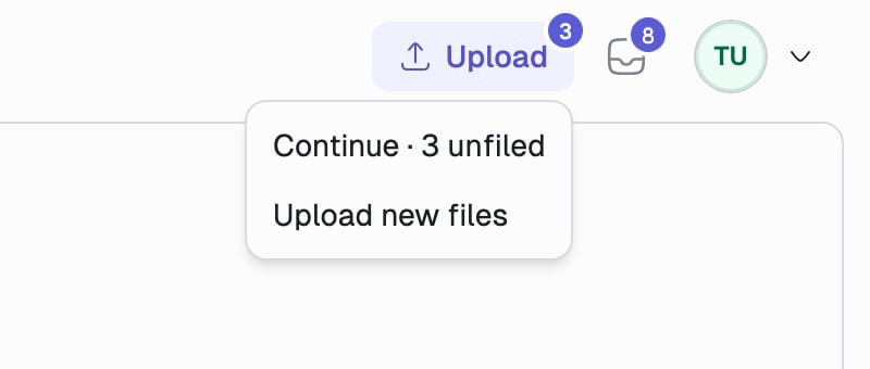 The documents header showing the Upload button with a badge of 3 and the Intake inbox icon with a badge of 8.