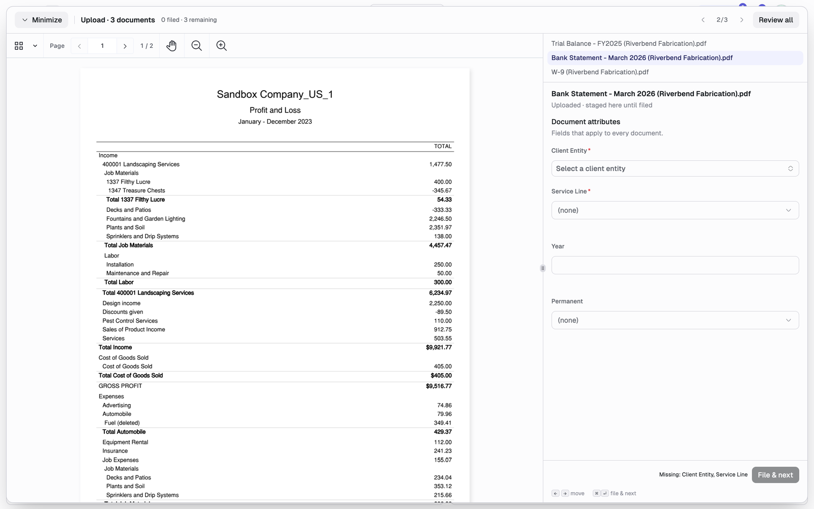 The upload walker showing three staged documents, an attribute form marked Uploaded, staged here until filed, and a File and next button.