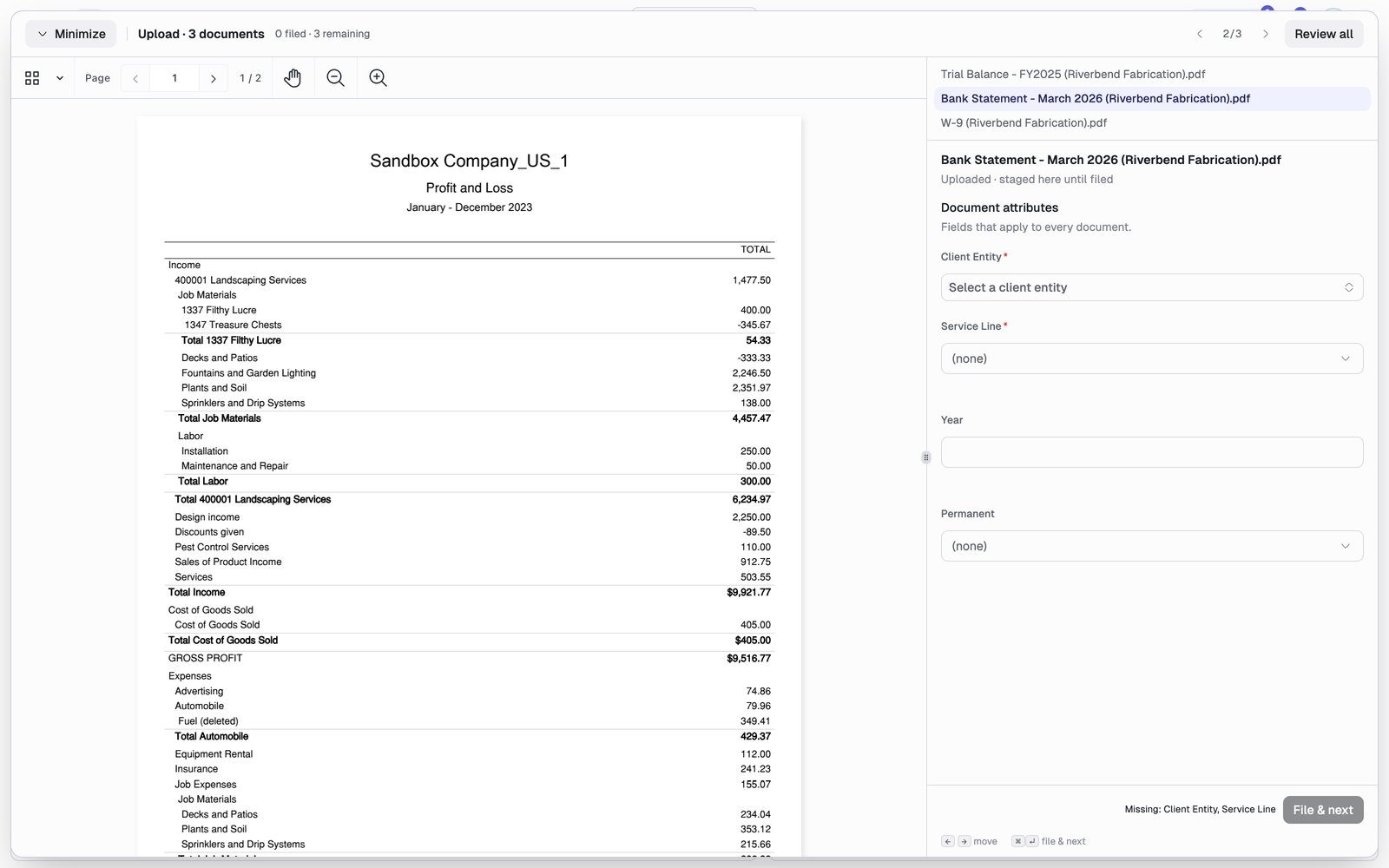 The upload walker showing three staged documents, an attribute form marked Uploaded, staged here until filed, and a File and next button.