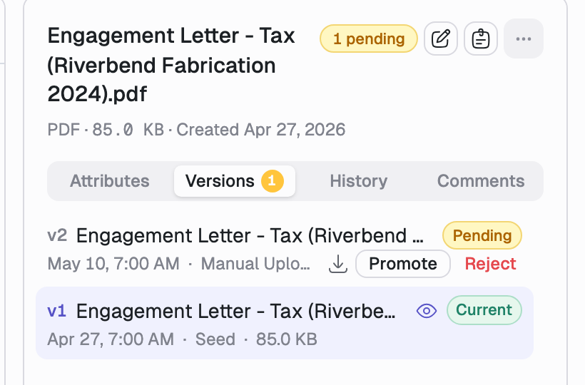 The Versions tab showing v2 marked Pending with Promote and Reject actions, and v1 marked Current.
