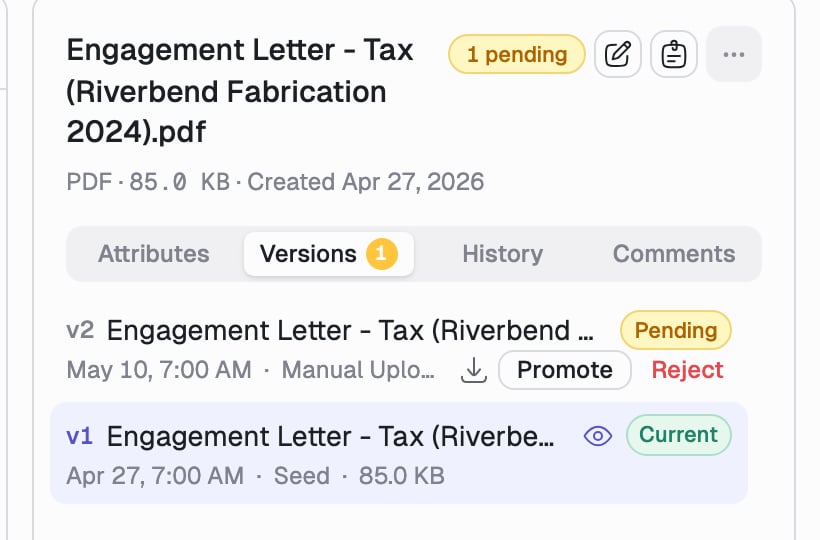 The Versions tab showing v2 marked Pending with Promote and Reject actions, and v1 marked Current.