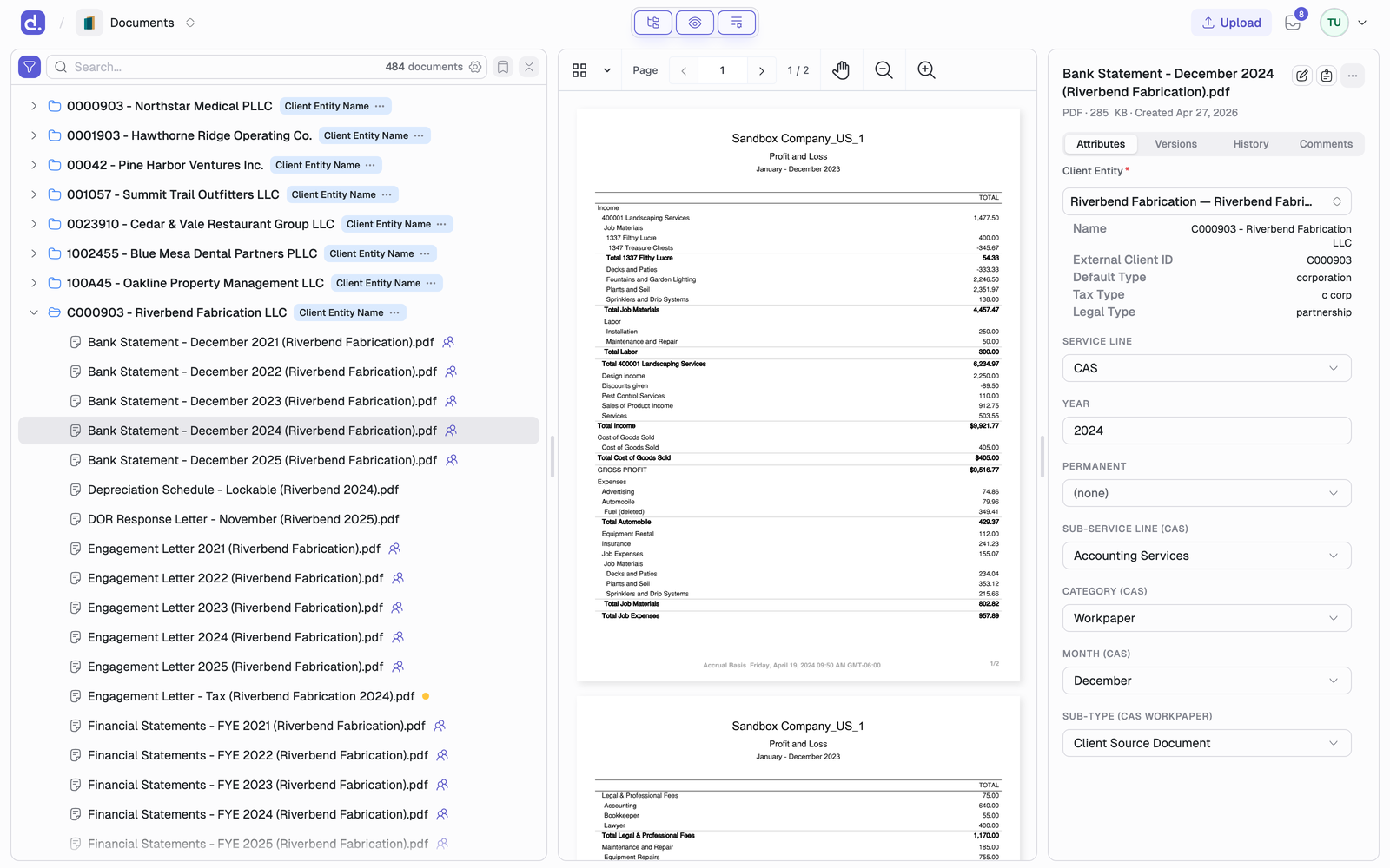 All three panes on: the document tree, the PDF preview, and the details pane showing the Attributes tab.
