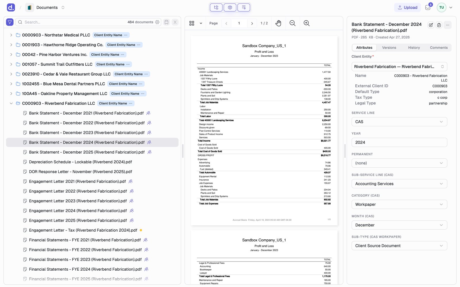 The Denari Documents workspace with three panes: the document tree grouped by client, a PDF preview, and the details pane on the Attributes tab.