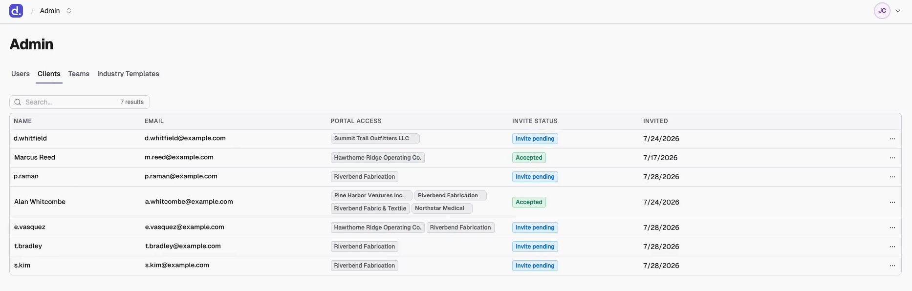 The Clients tab in Admin, listing invited portal clients with their email, the client entities they can access, and whether their invite is pending or accepted.