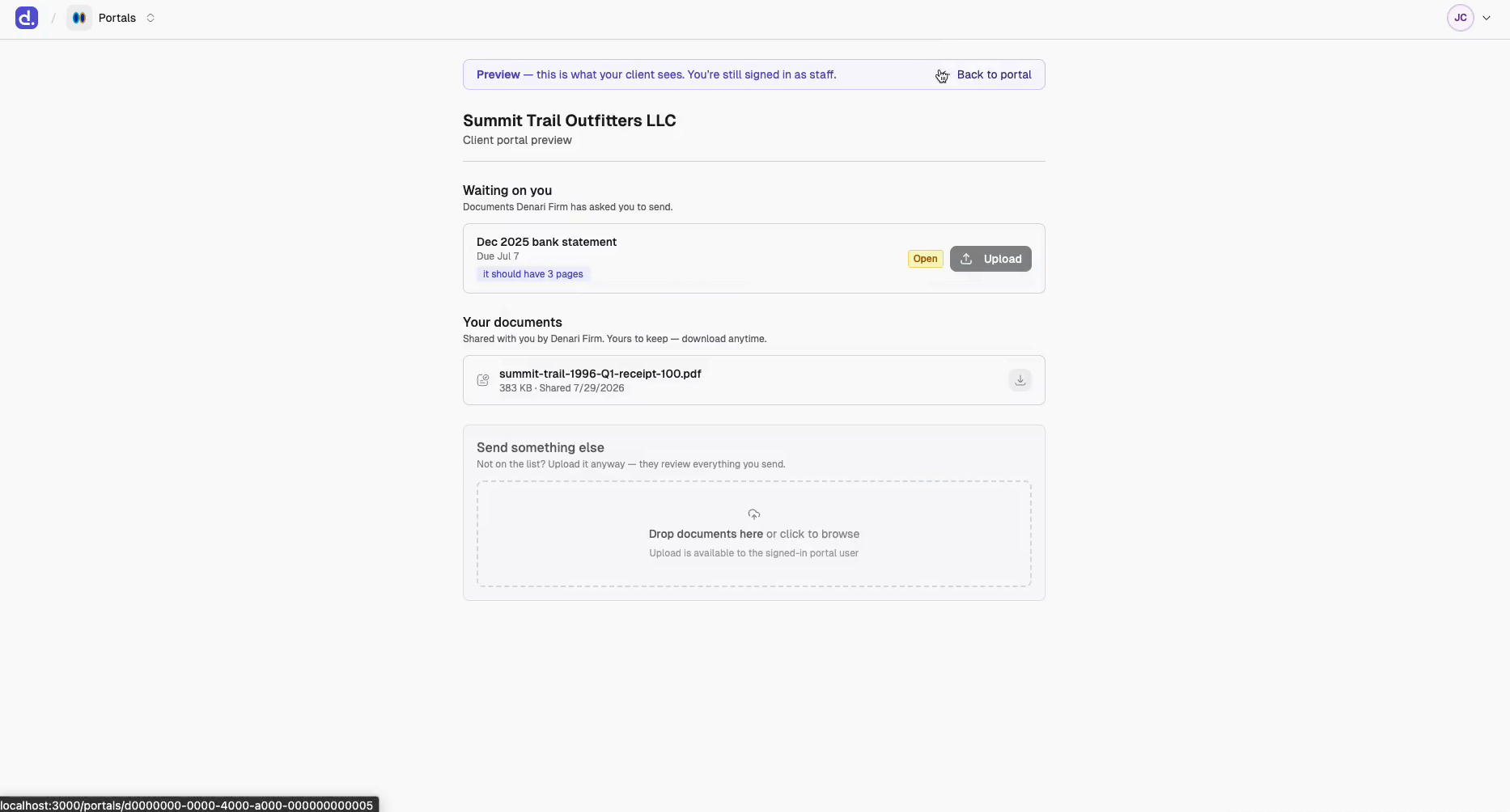 The client portal preview showing Your documents with a note from the firm, and a Send documents to your firm upload area.