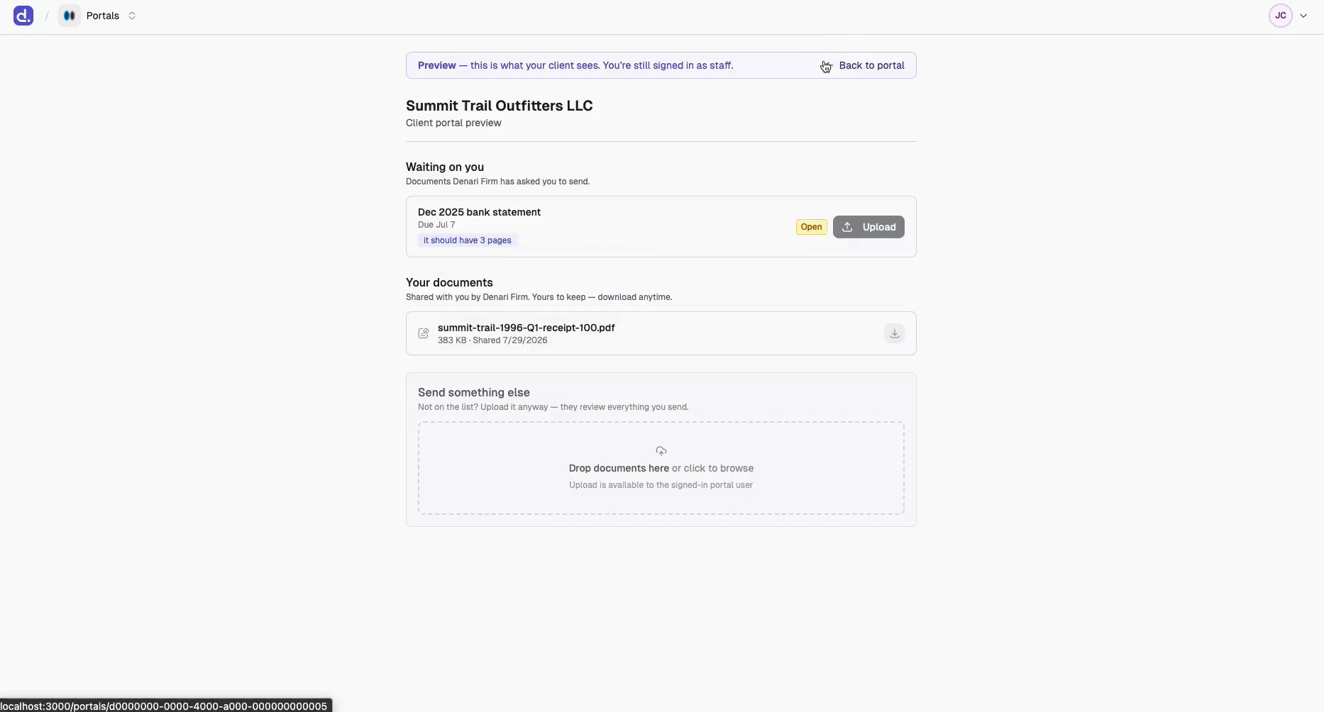 The client portal preview showing Your documents with a note from the firm, and a Send documents to your firm upload area.