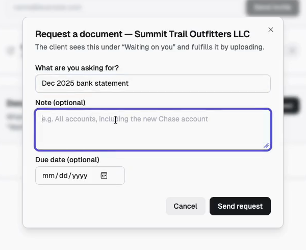 The Request a document dialog, with a title field, an optional note, and an optional due date.