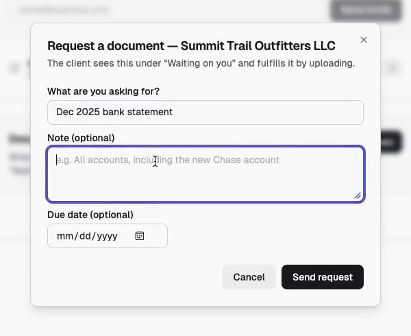 The Request a document dialog, with a title field, an optional note, and an optional due date.