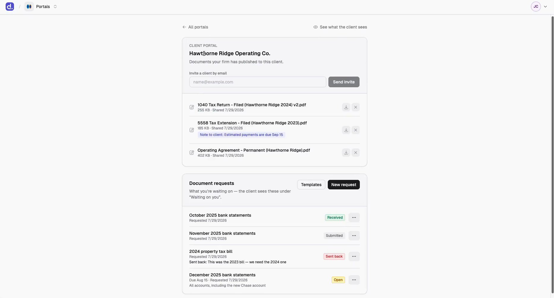 A client portal page showing published documents with a note to the client, an invite-by-email box, and the Document requests section below.
