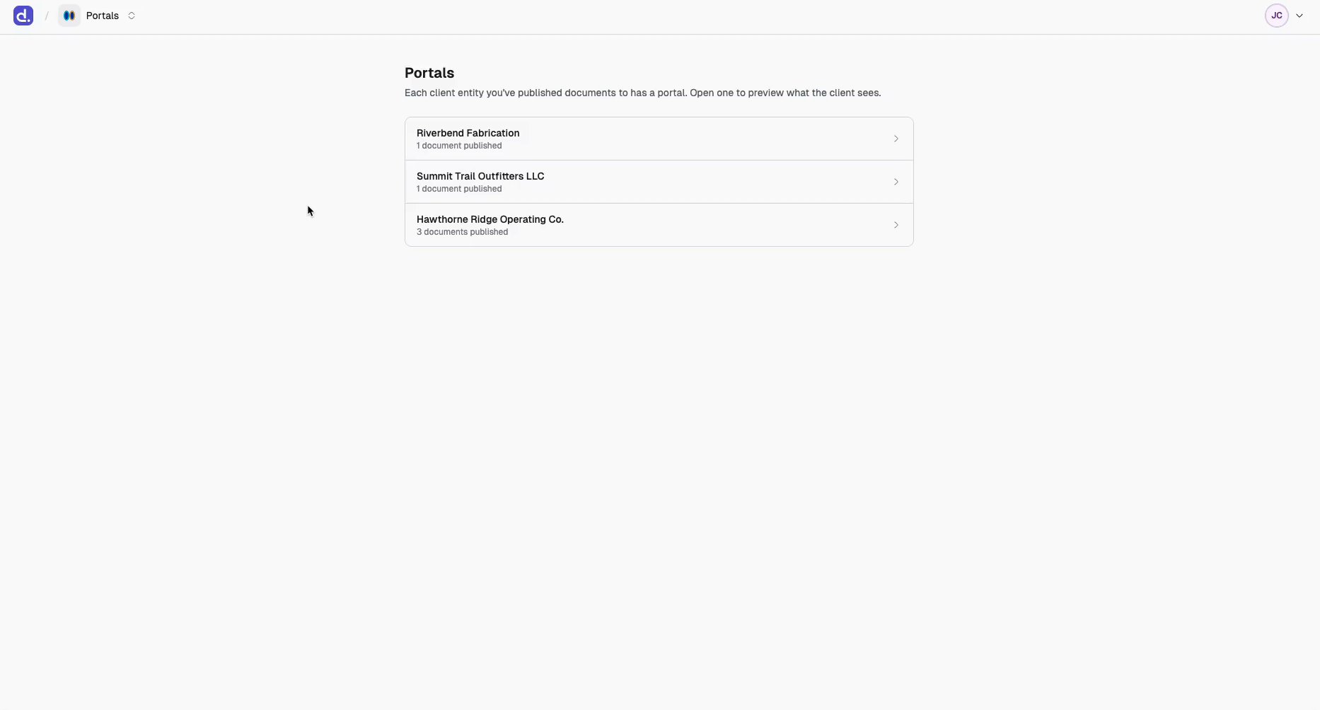 The Portals list, with one row per client entity showing its name and how many documents are published to it.