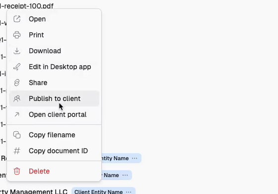 A document's right-click menu in Documents, with Publish to client and Open client portal below Share.