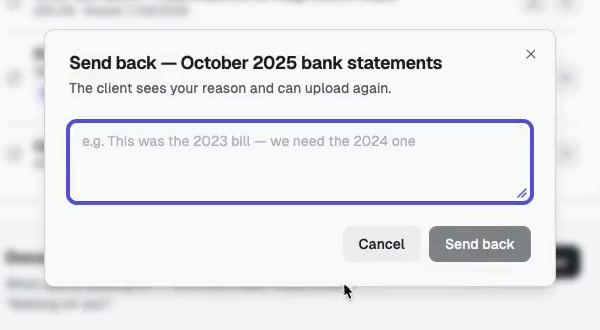 The Send back dialog for a request, with a required reason box the client will see.