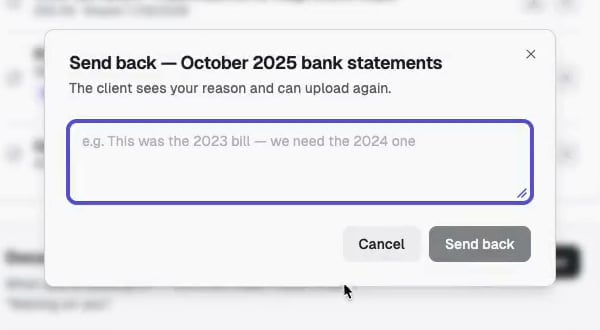 The Send back dialog for a request, with a required reason box the client will see.