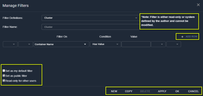 Manage Filters Dialog Box