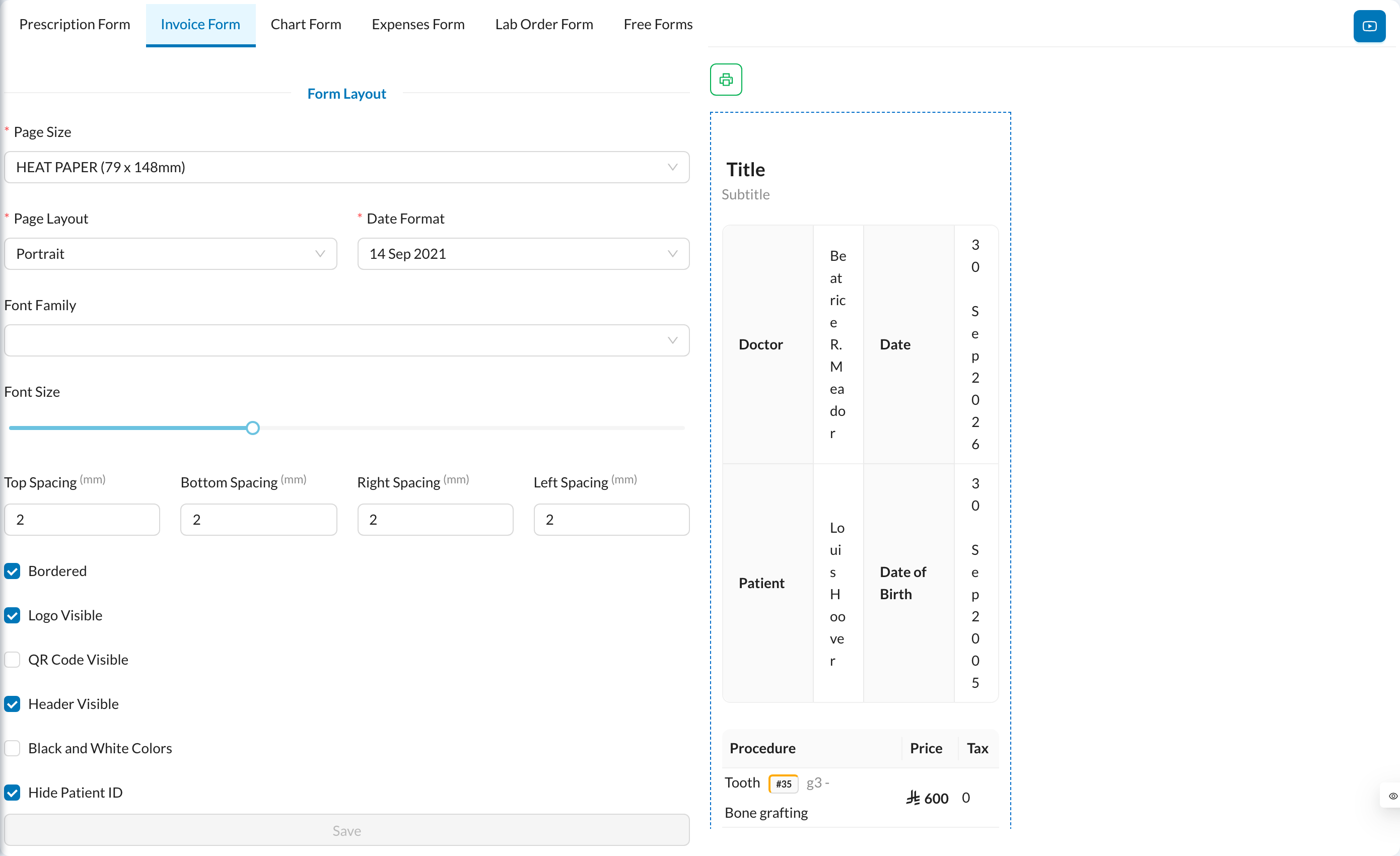 Invoice Form settings