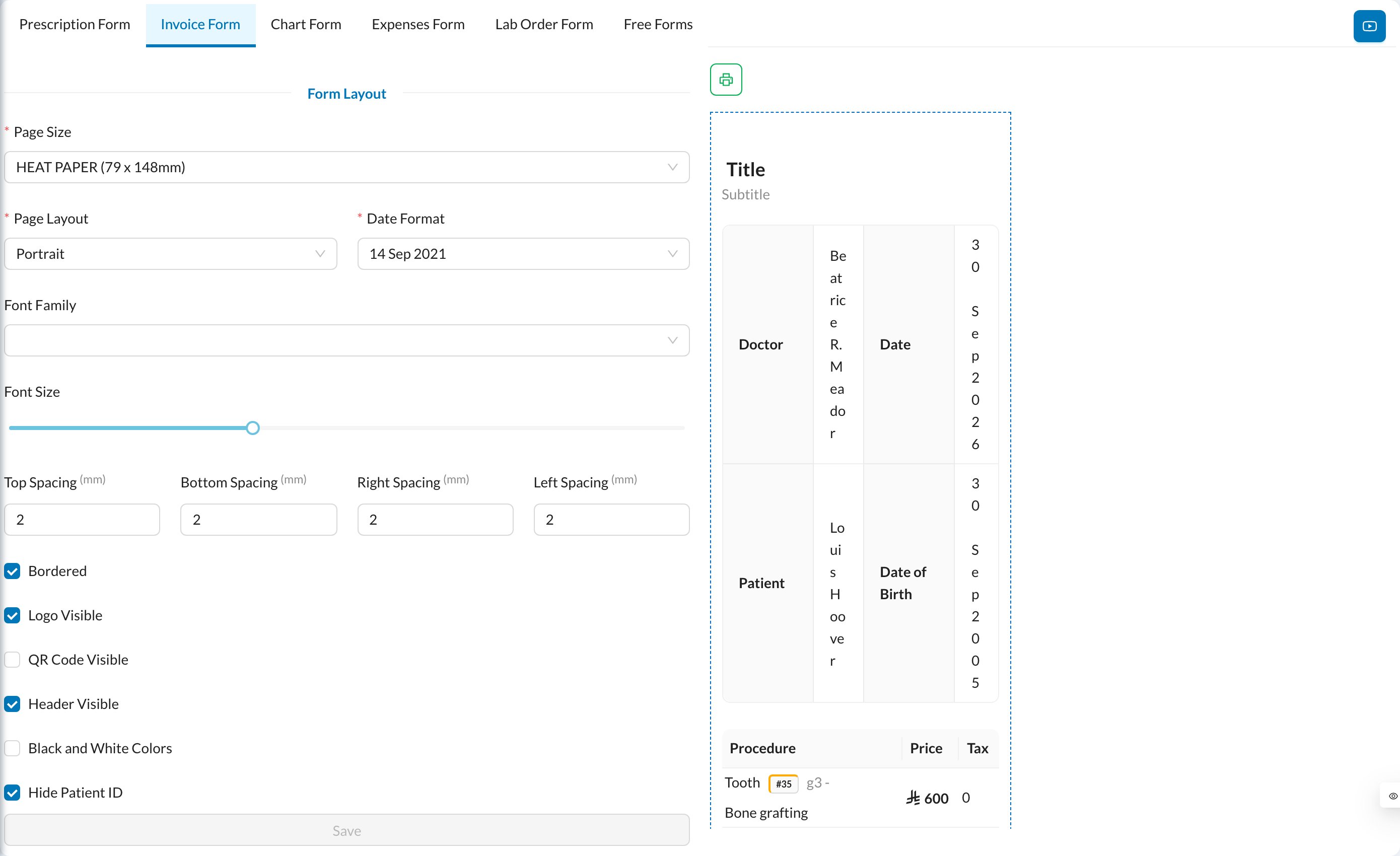 Invoice Form settings