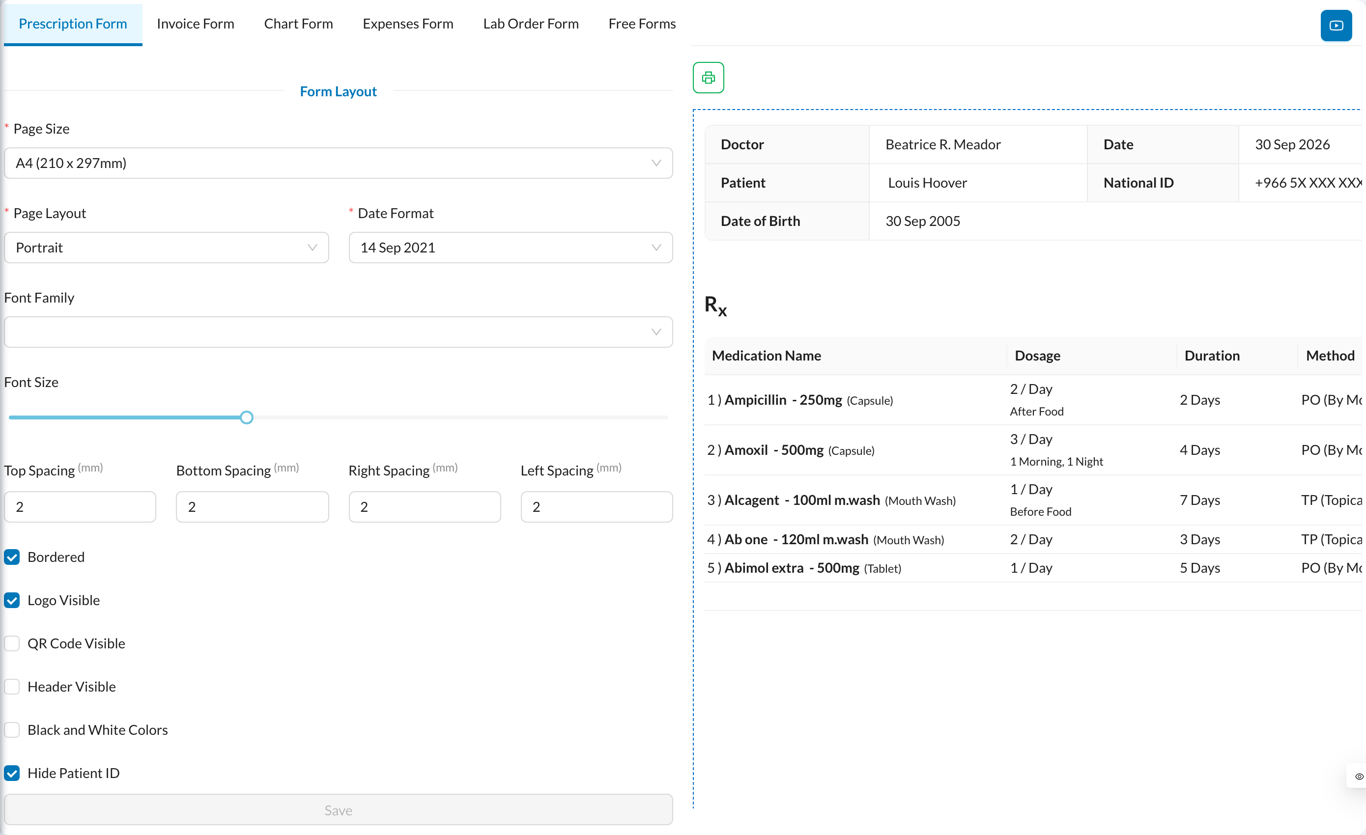 Print settings with live preview