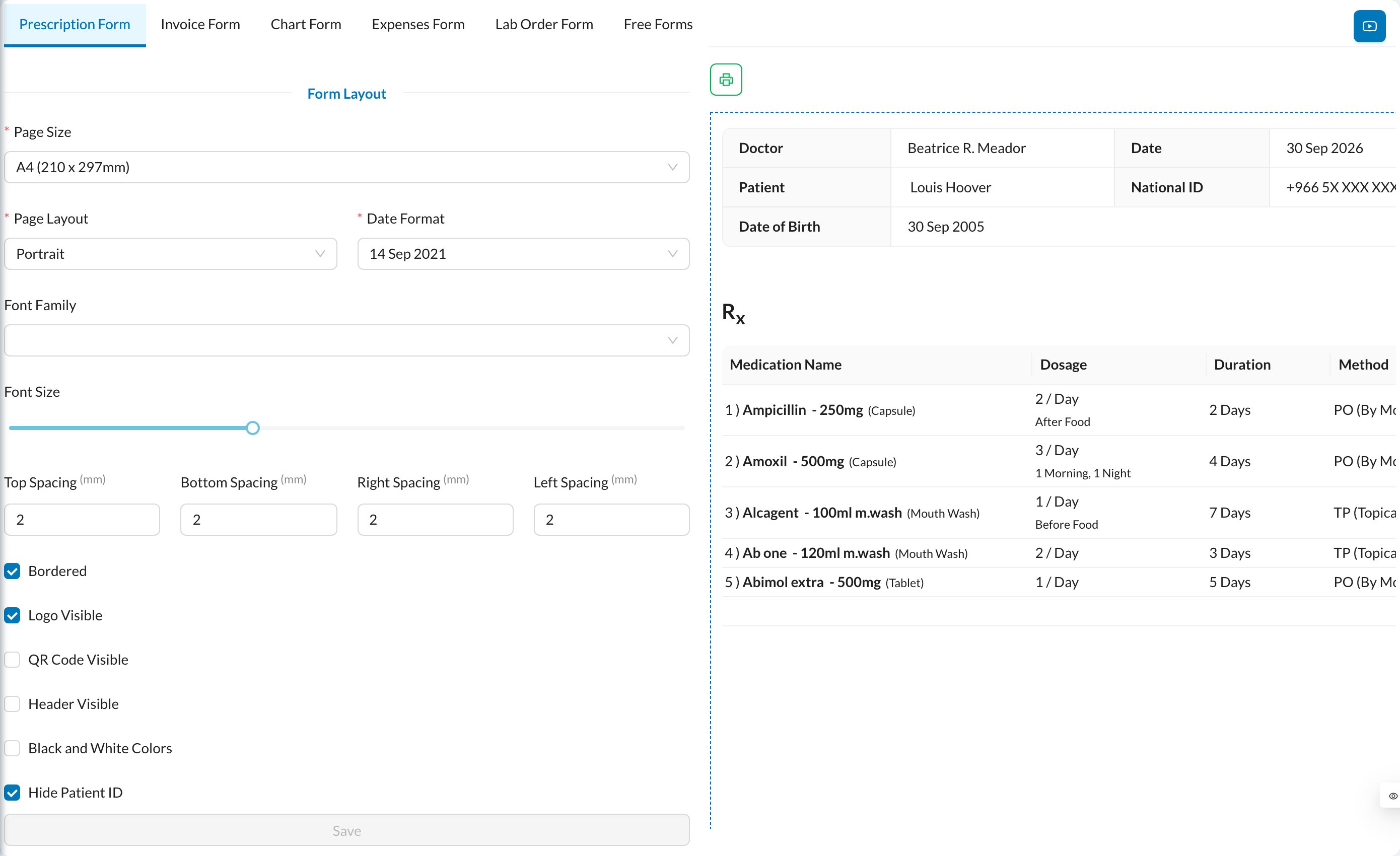 Print settings with live preview
