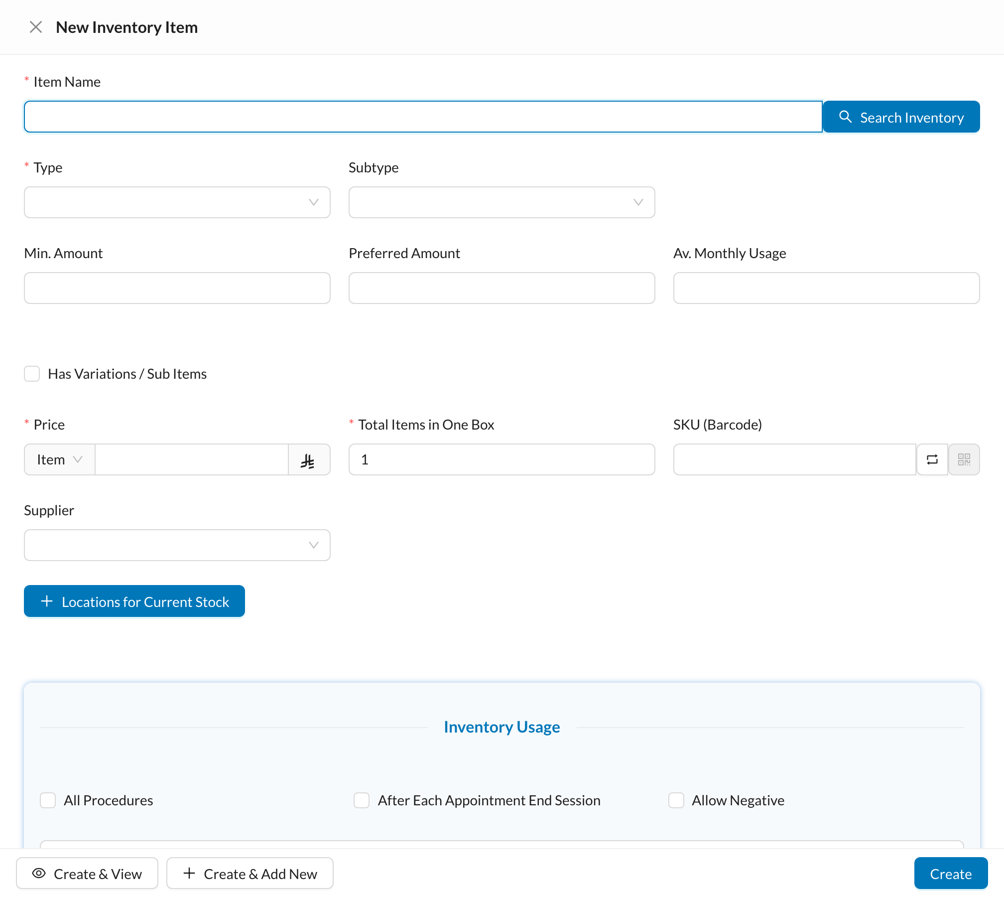 Inventory Usage section of the item form