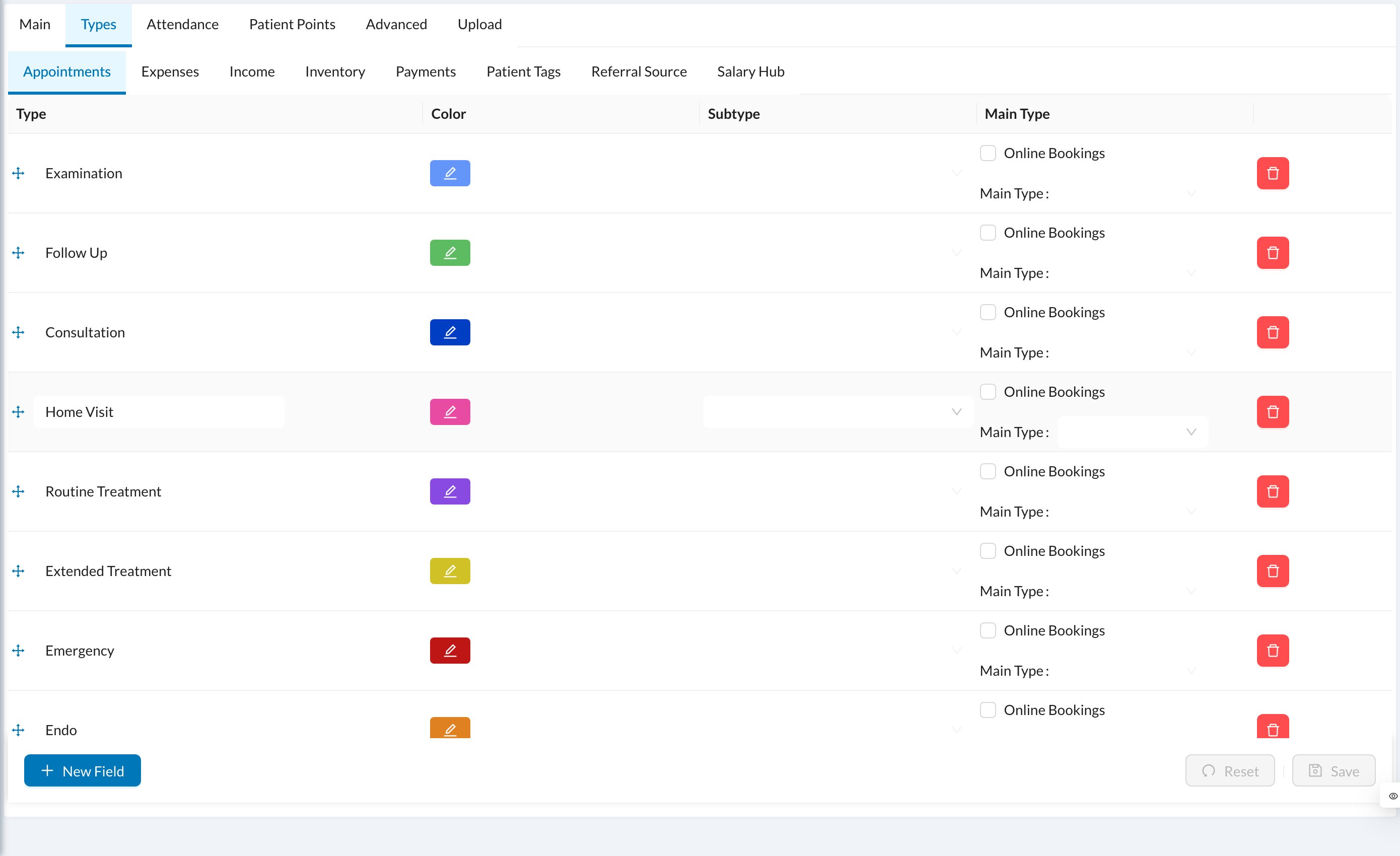 Types settings