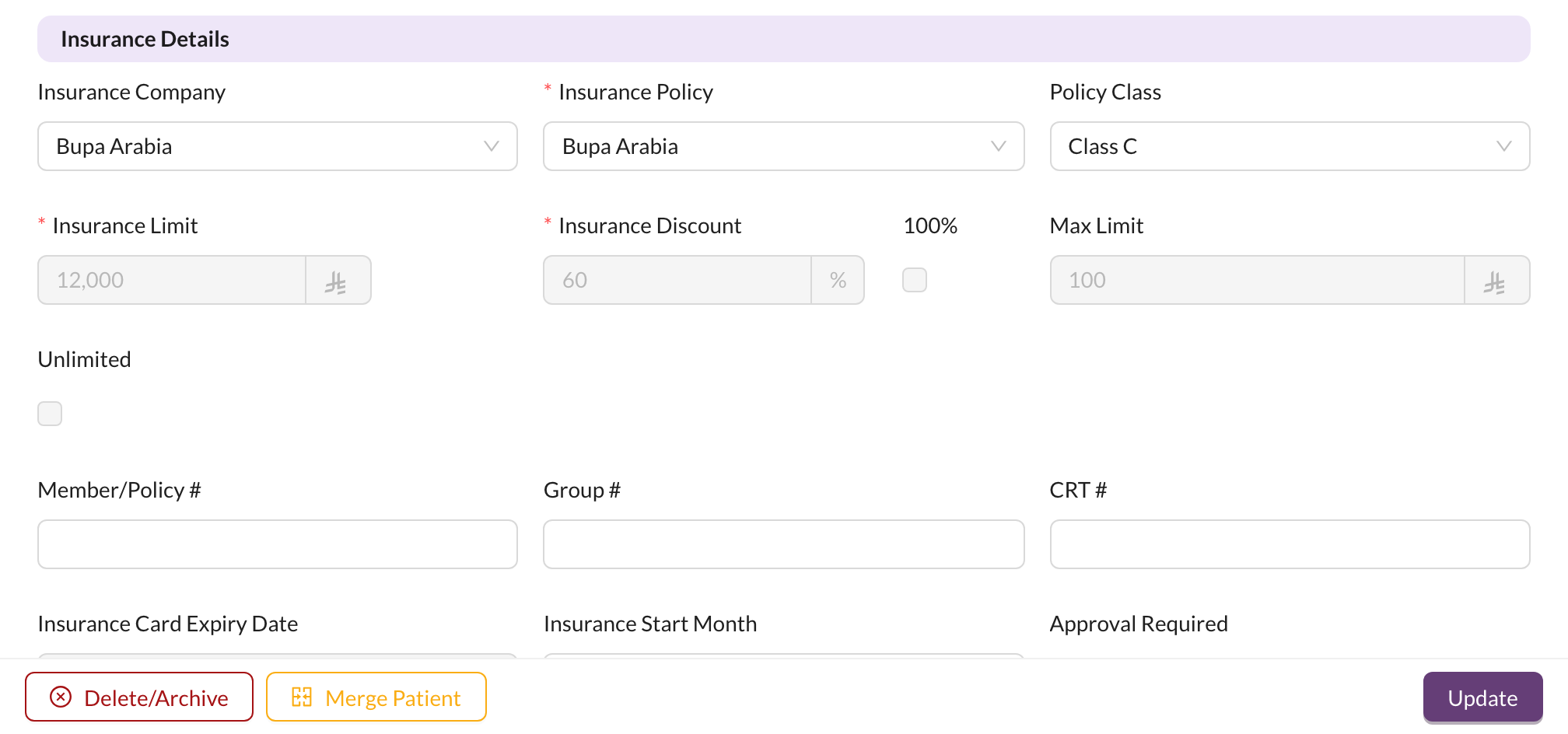 Patient insurance details
