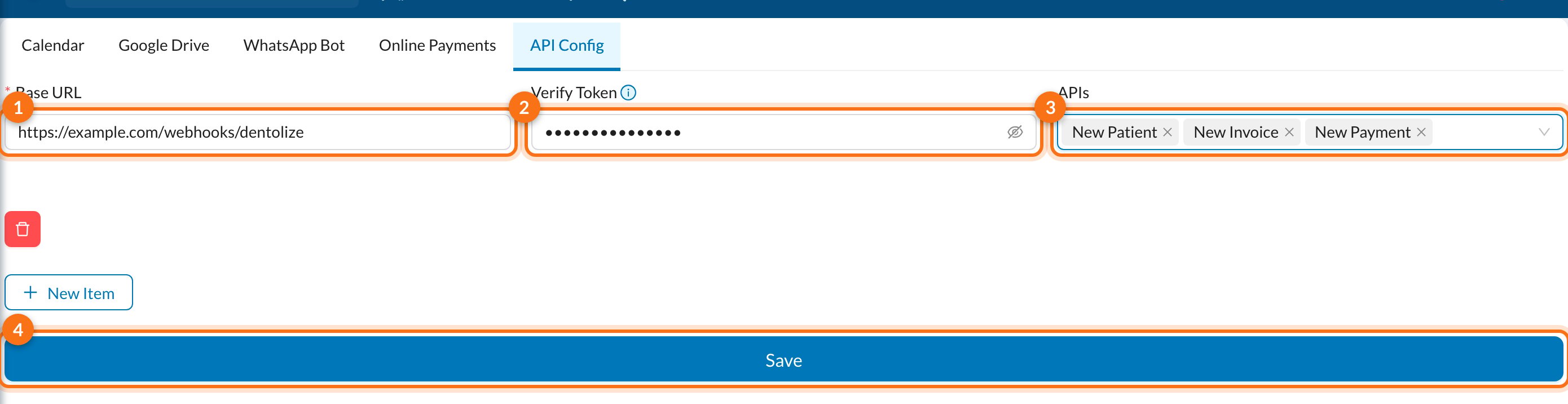 1 Base URL, 2 Verify Token, 3 APIs, 4 Save in API Config