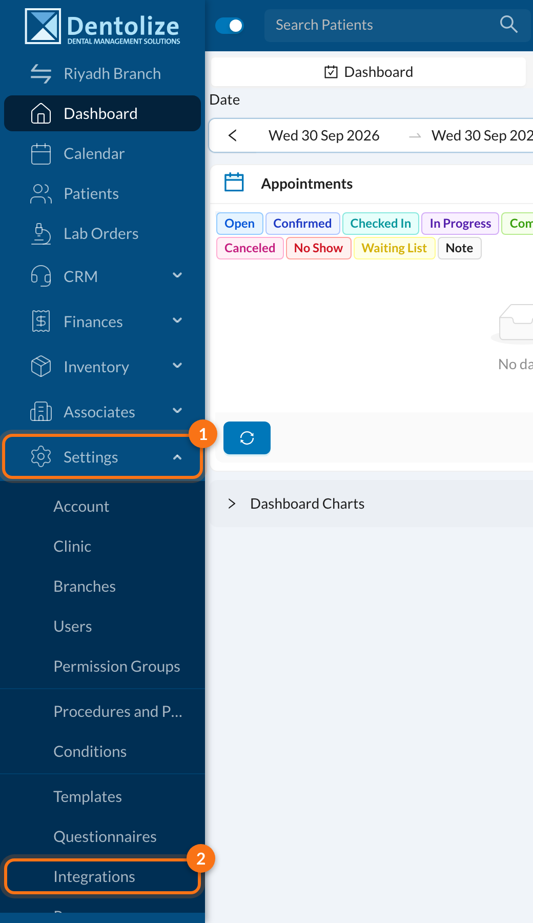 1 Settings, 2 Integrations in the side menu