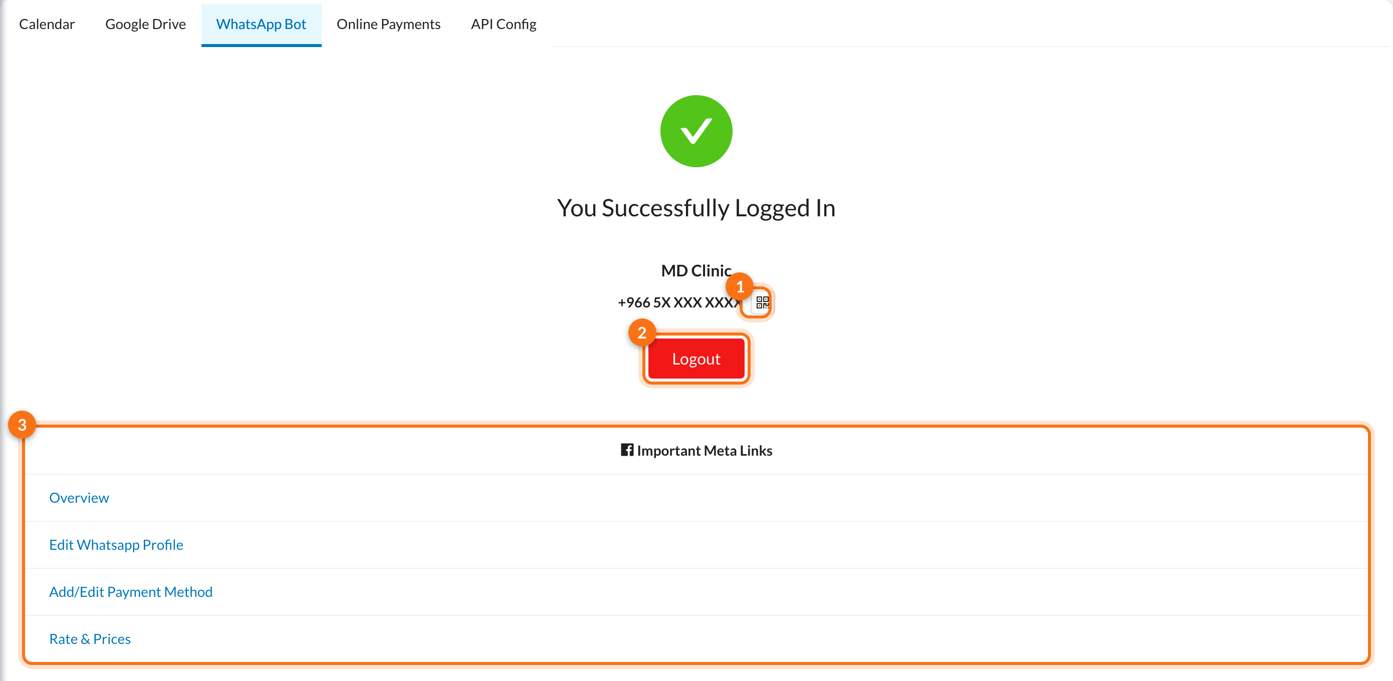 1 QR code button, 2 Logout button, 3 Important Meta Links