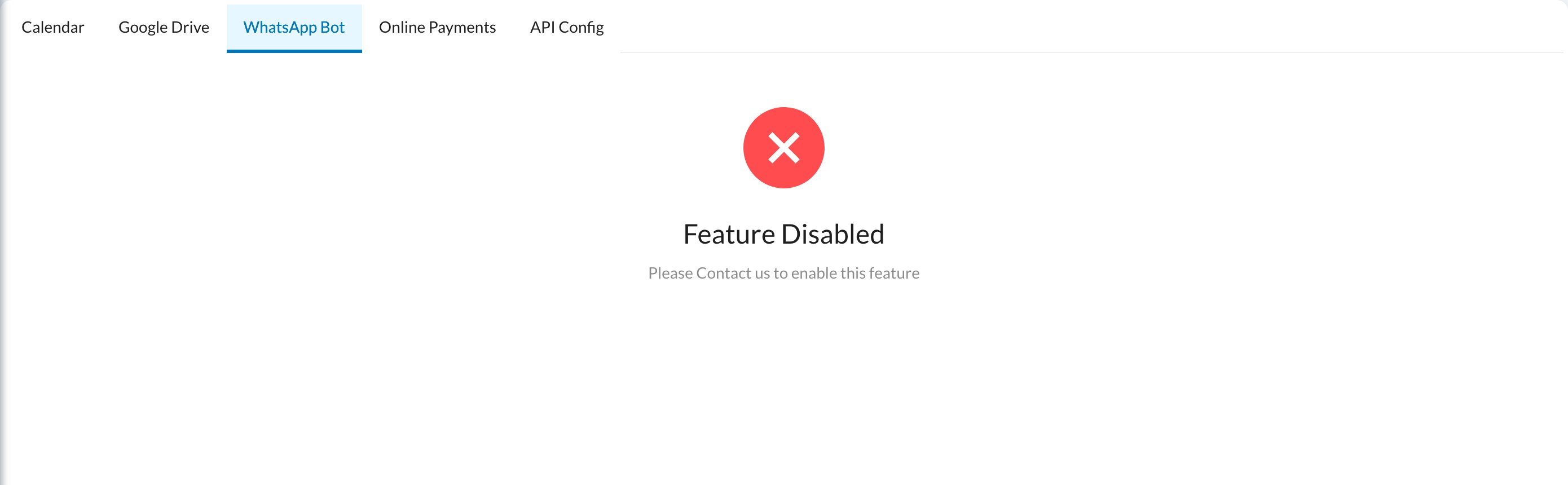 Feature Disabled screen on the WhatsApp Bot tab
