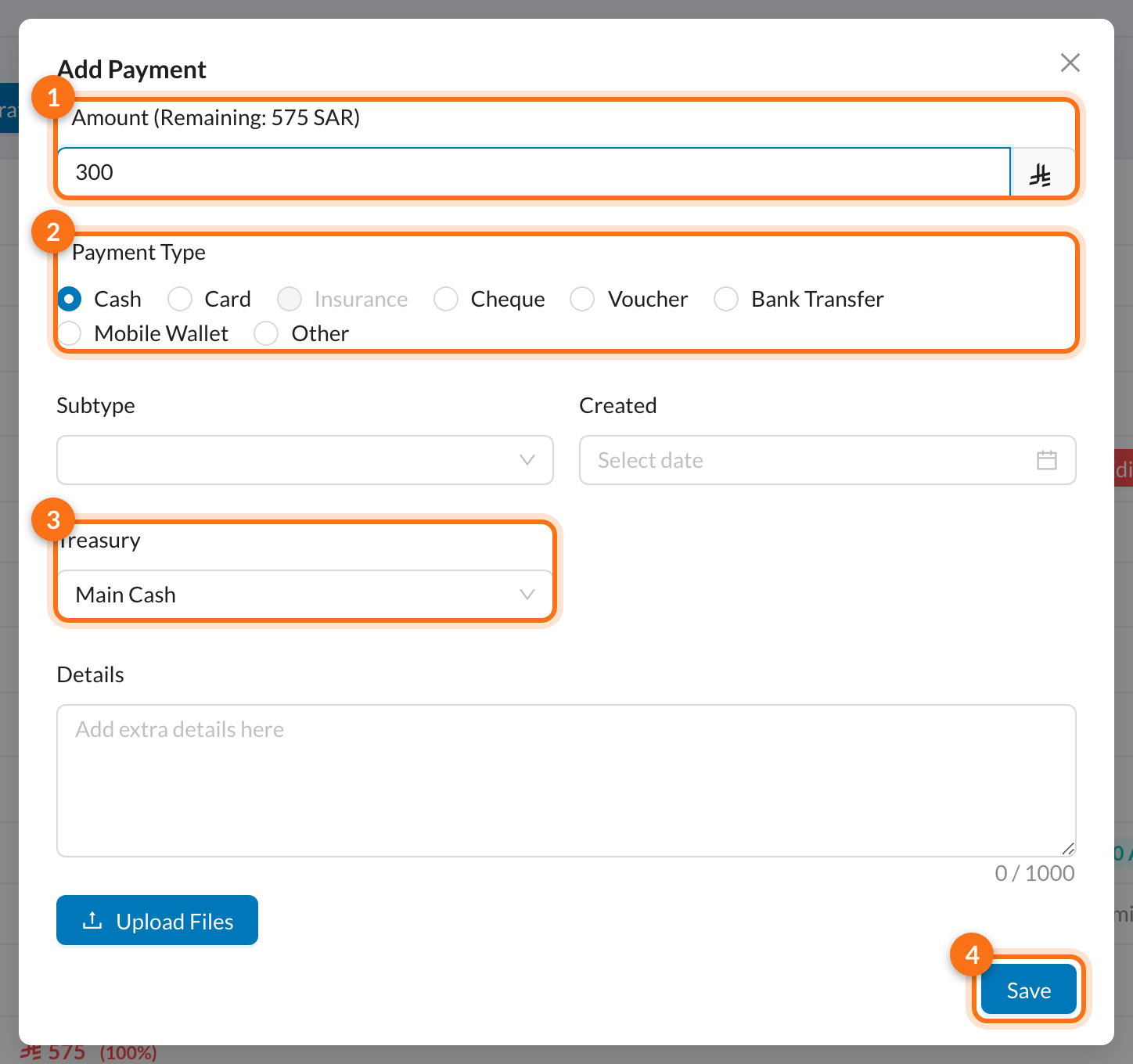 1 Amount, 2 Payment Type, 3 Treasury, 4 Save