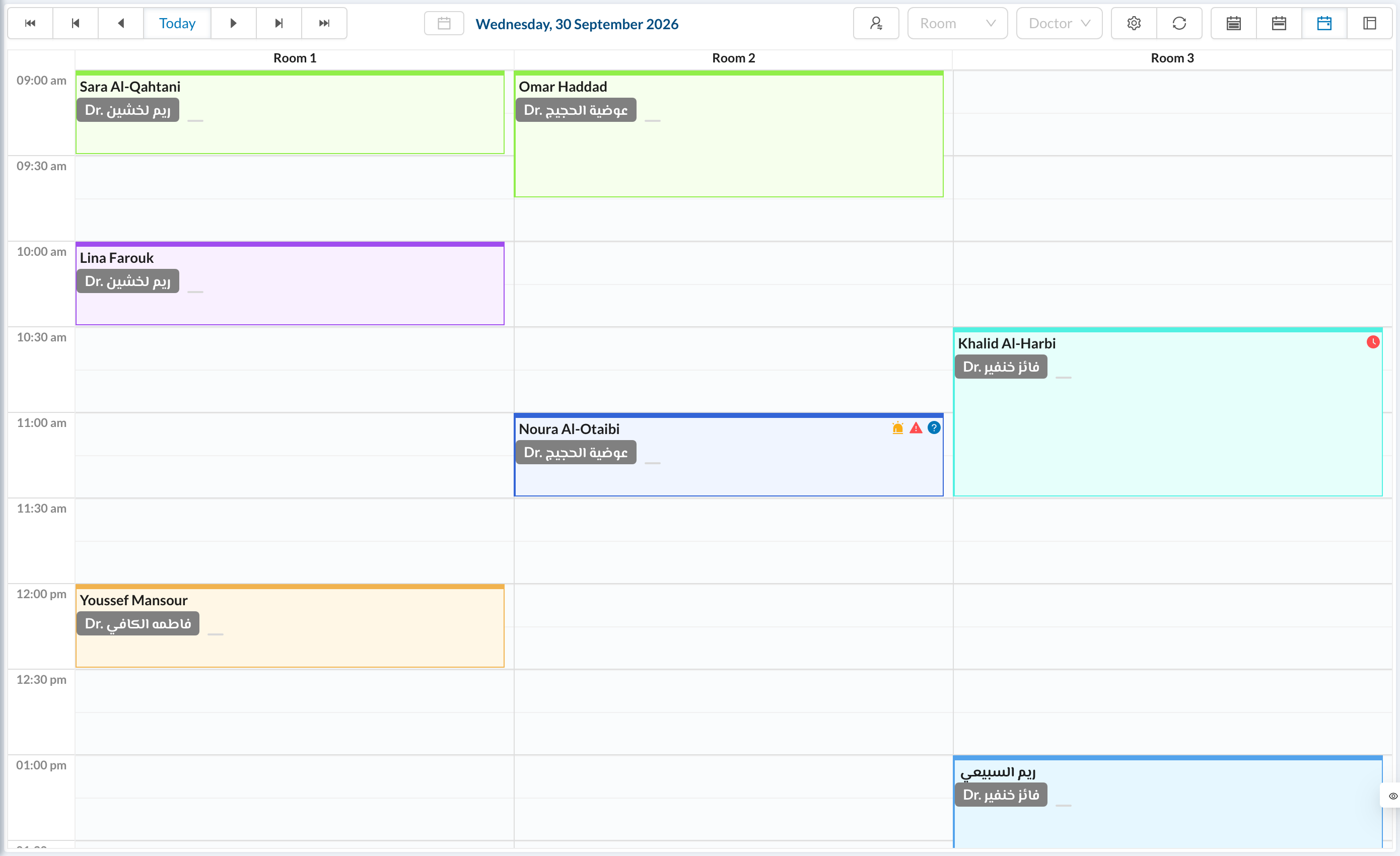 Calendar in day view, one column per room