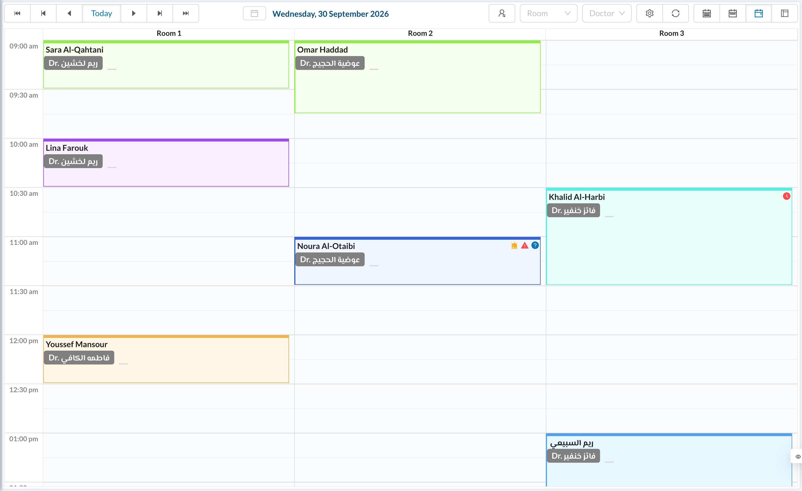 Calendar in day view, one column per room