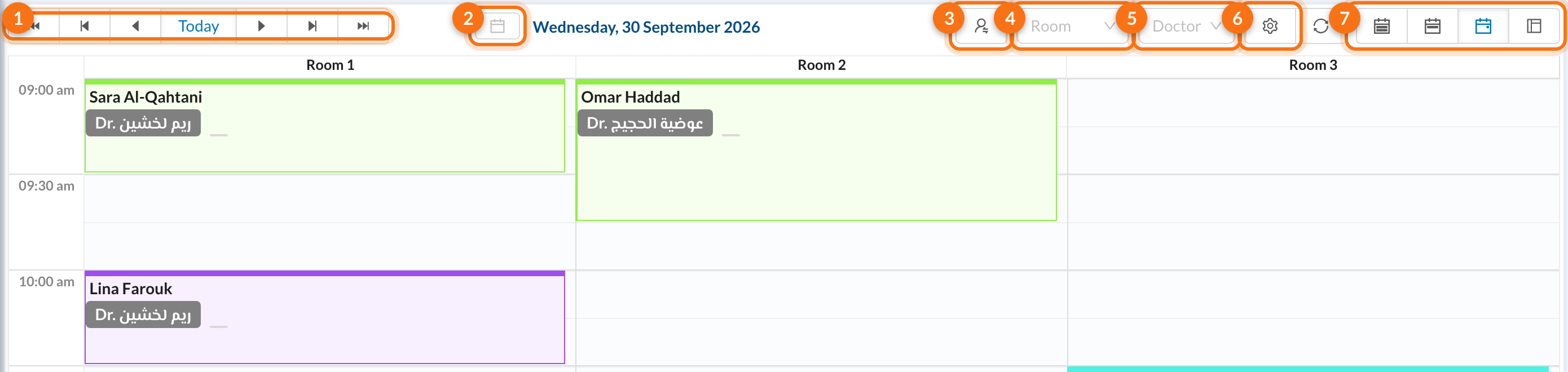 1 navigation, 2 date picker, 3 By Doctor, 4 Room, 5 Doctor, 6 calendar settings, 7 views