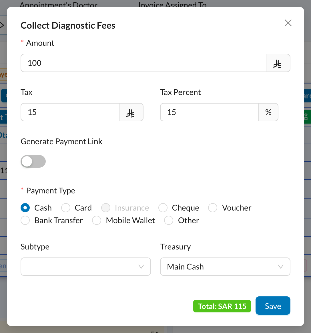 Collect Diagnostic Fees window
