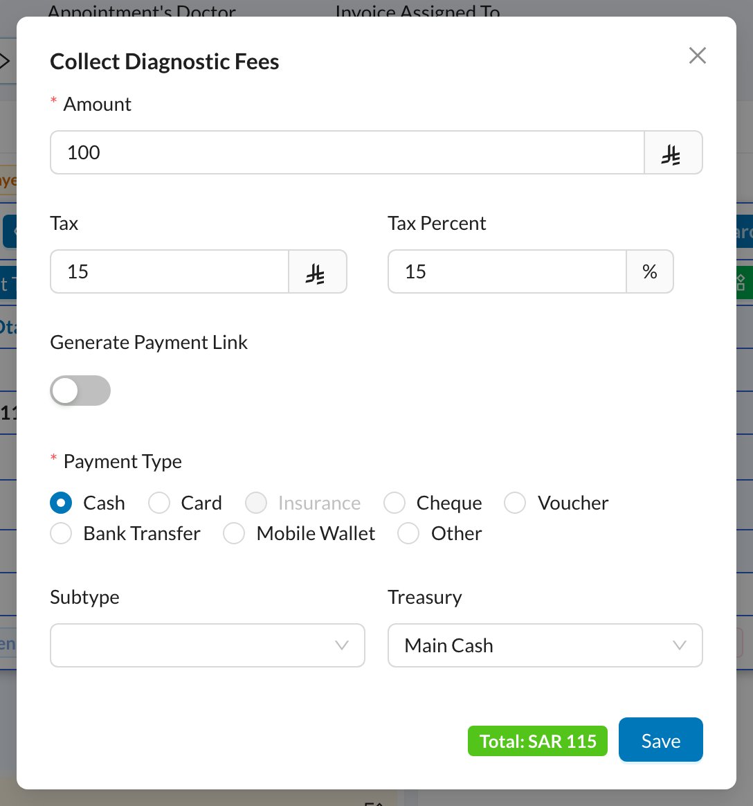 Collect Diagnostic Fees window