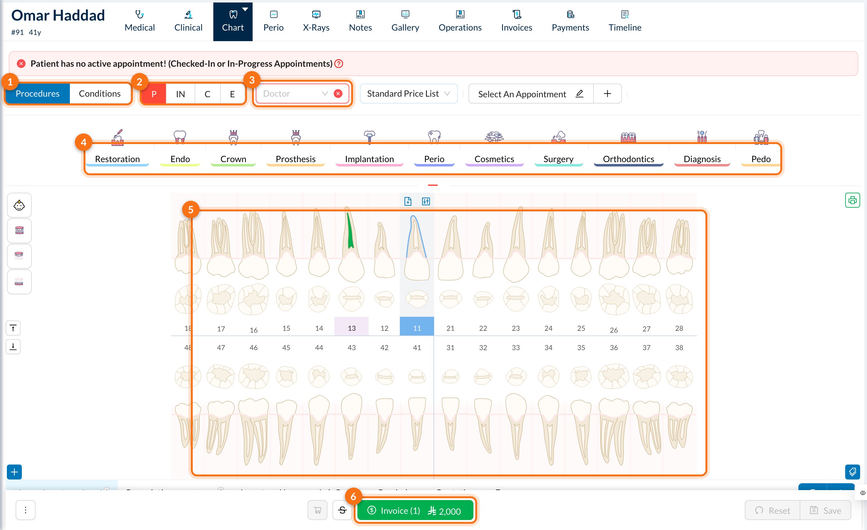 1 Procedures or Conditions, 2 status, 3 Doctor, 4 procedure groups, 5 teeth, 6 Invoice