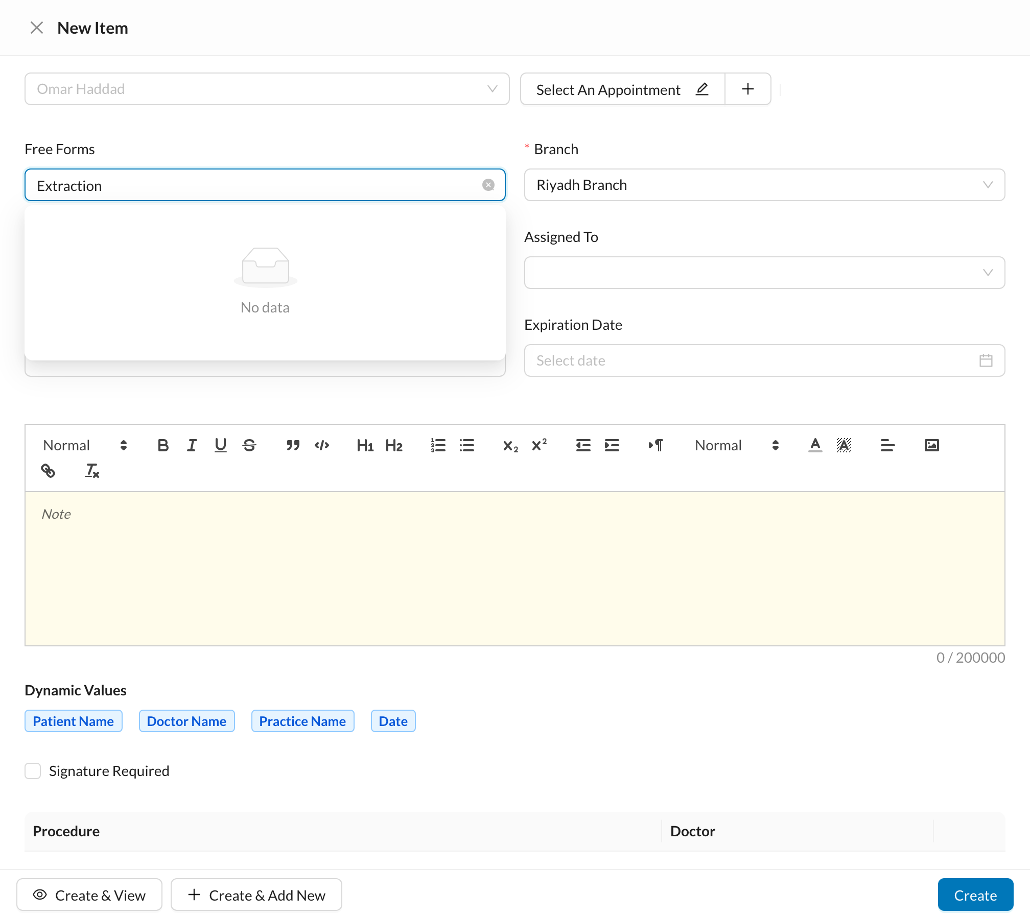 New patient form from a template