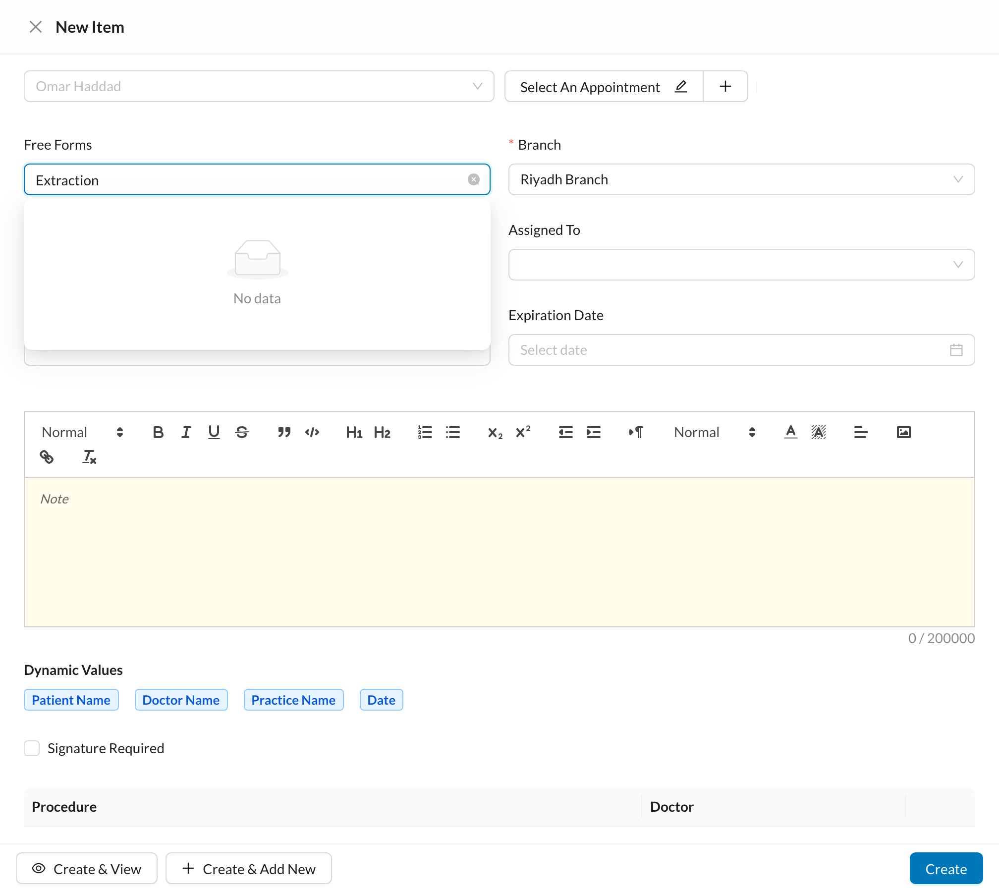 New patient form from a template