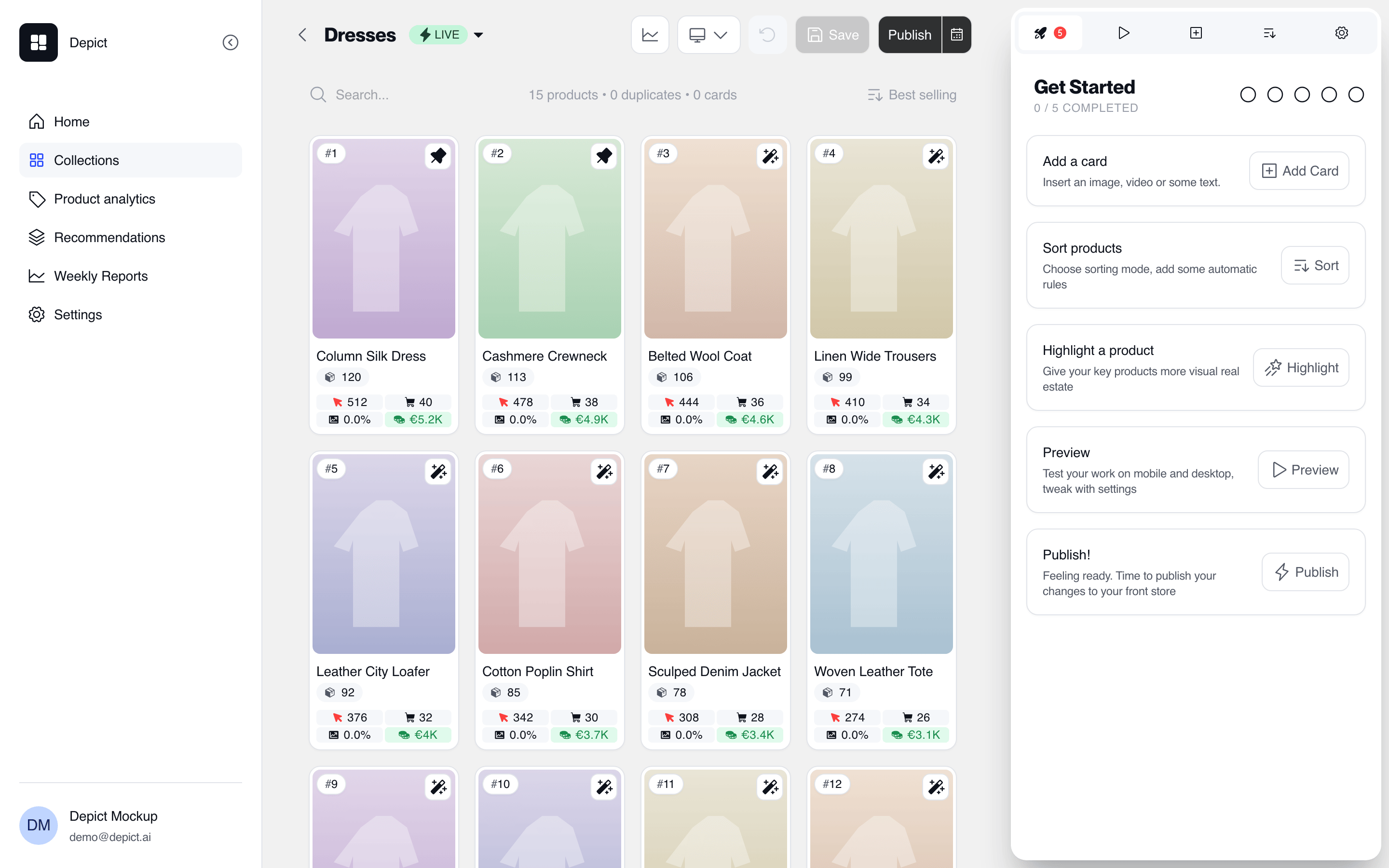 The collection editor for a live collection named Dresses, showing a product grid with position numbers, pin icons on the first two products, per-product click and revenue metrics, a Publish button, and the Get Started drawer listing five setup steps
