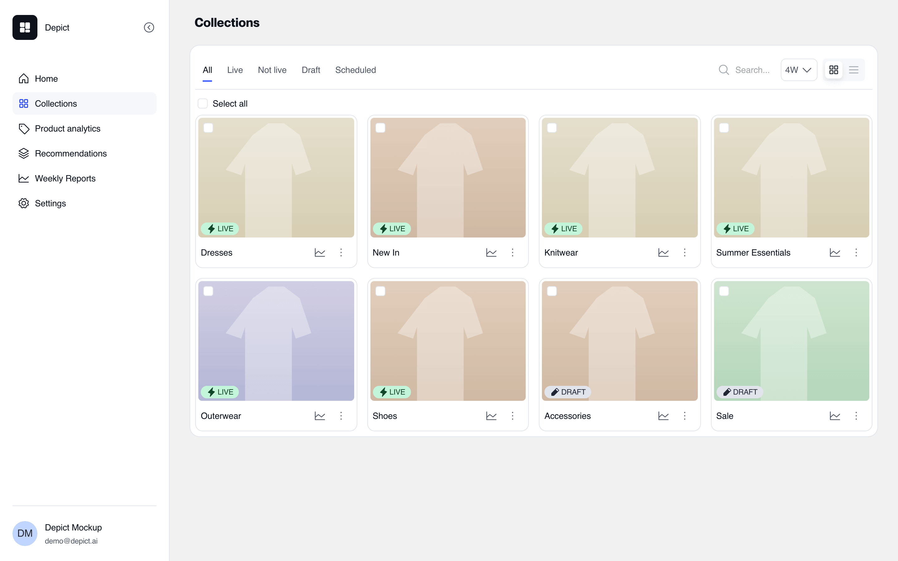 The Collections page listing eight collections as cards with live and draft badges, filter tabs All, Live, Not live, Draft and Scheduled, a search field and a period picker