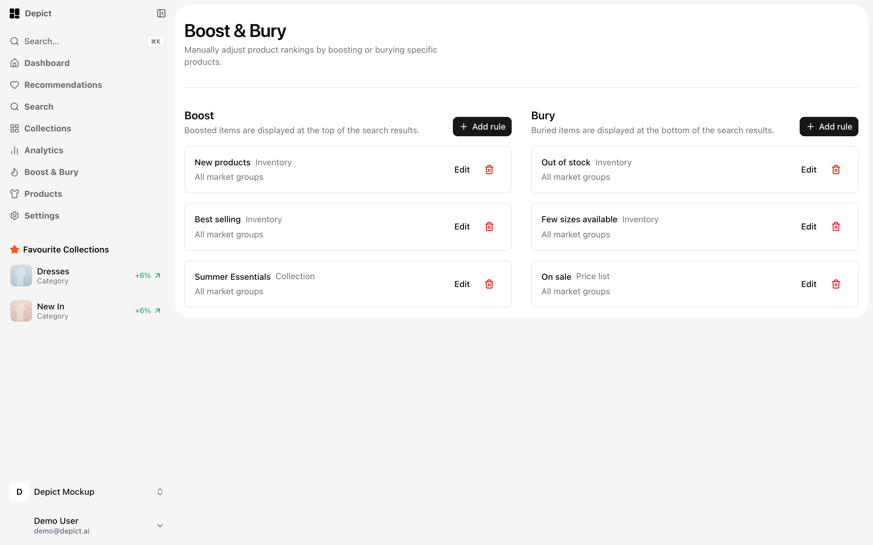 Boost and Bury page with boost rules for new products, best selling and a collection, and bury rules for out of stock, few sizes and on sale