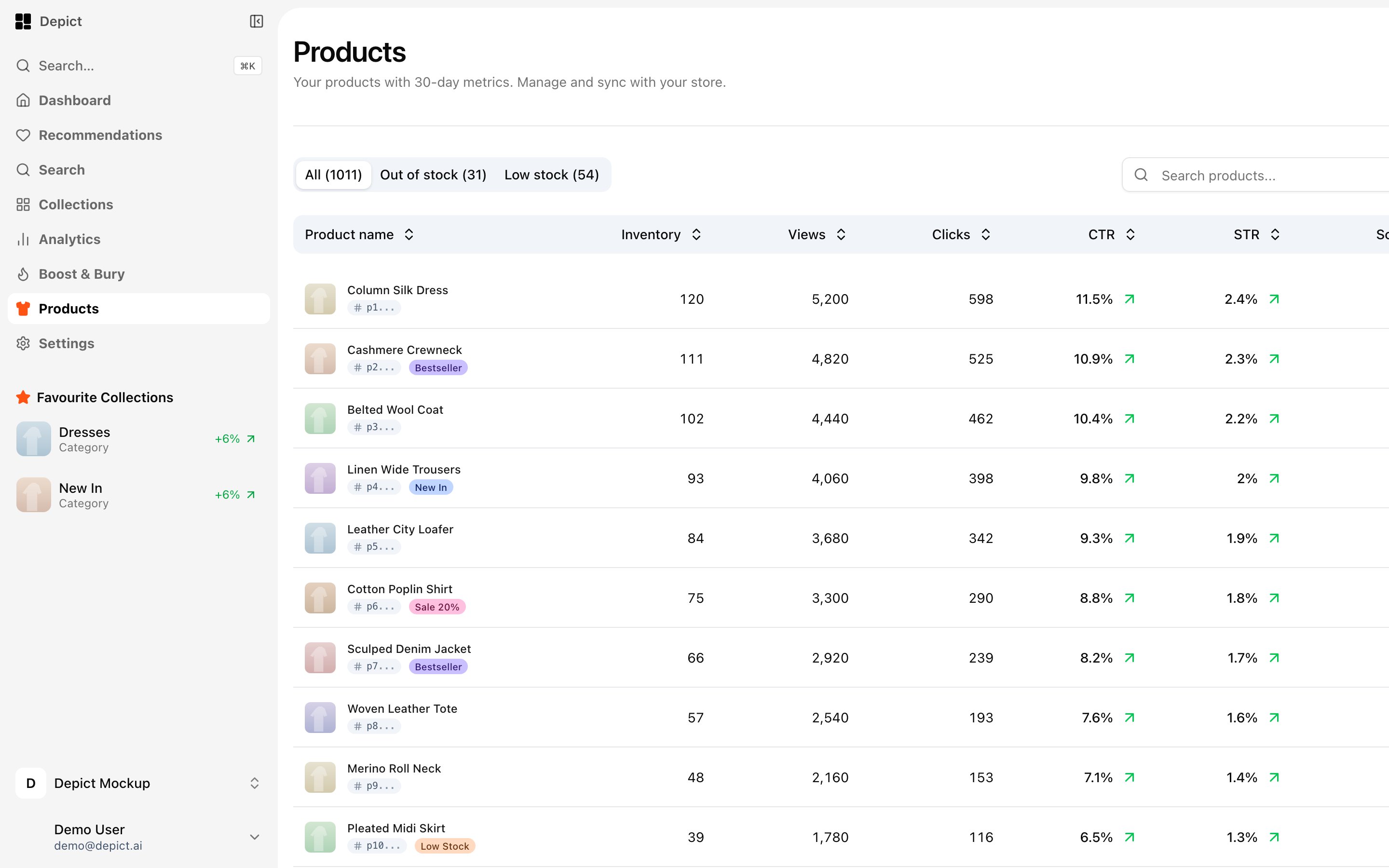 Products page listing products with inventory, views, clicks, CTR and STR columns plus stock filter tabs