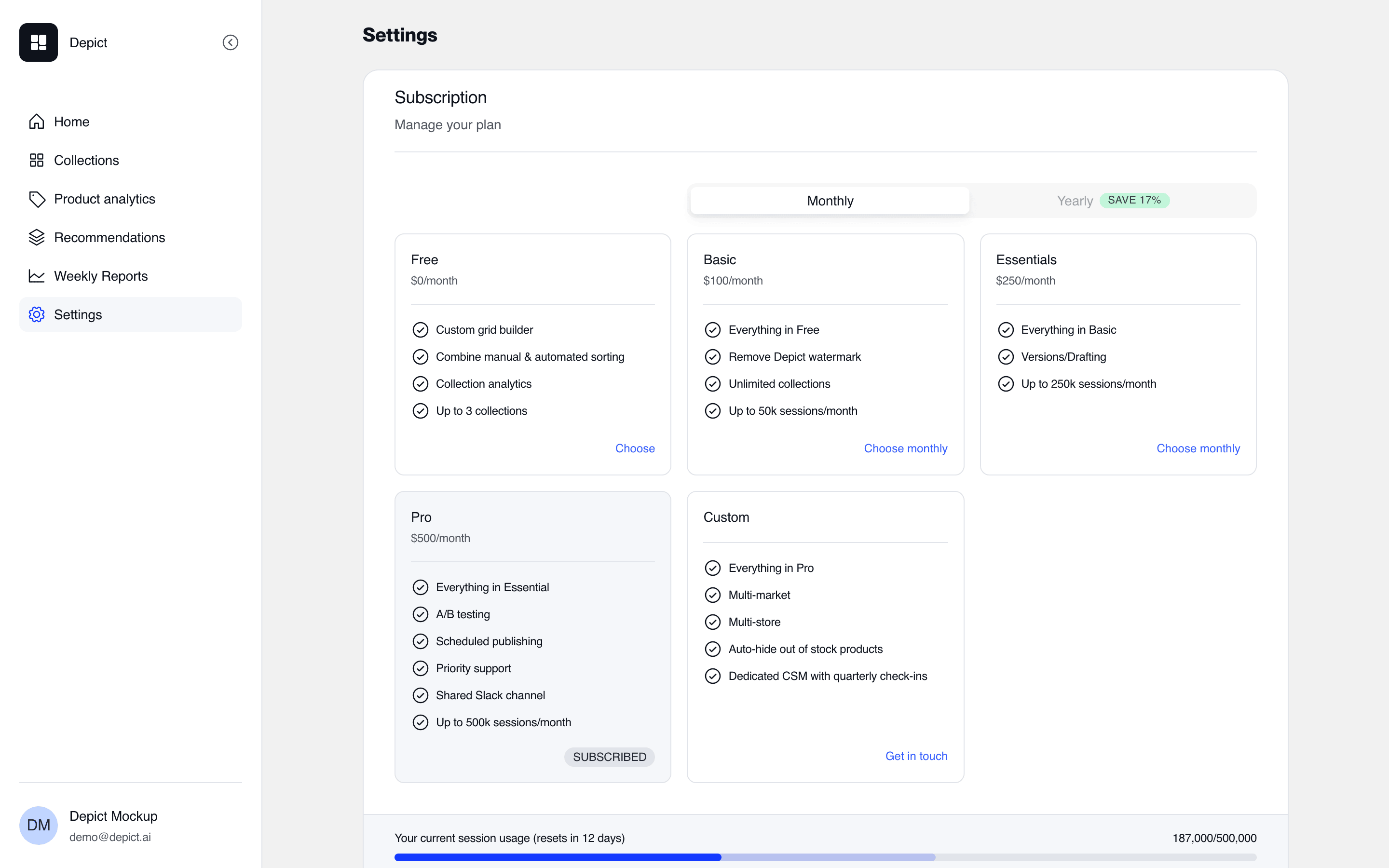 The Settings page showing the Subscription section with the plan picker and the current plan marked, followed by further settings sections